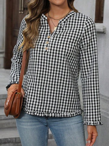 EMERY ROSE Women's Spring & Summer V-Neck Plaid Long Sleeve Elegant Shirt For Commute EMERY ROSE Women's Spring & Summer V-Neck Plaid Long Sleeve Elegant Shirt For Commute