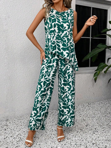 EMERY ROSE Women's Summer Casual Plant Printed Asymmetric Hem Sleeveless Top And Long Pants Set EMERY ROSE Women's Summer Casual Plant Printed Asymmetric Hem Sleeveless Top And Long Pants Set