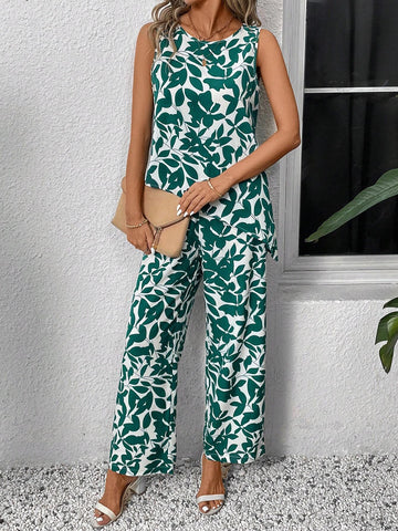 EMERY ROSE Women's Summer Casual Plant Printed Asymmetric Hem Sleeveless Top And Long Pants Set EMERY ROSE Women's Summer Casual Plant Printed Asymmetric Hem Sleeveless Top And Long Pants Set