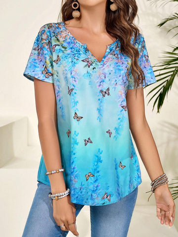 EMERY ROSE Women's Summer Short-Sleeve Shirt With Butterfly Pattern Print EMERY ROSE Women's Summer Short-Sleeve Shirt With Butterfly Pattern Print