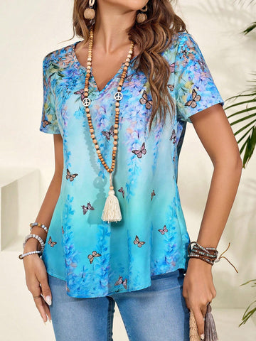 EMERY ROSE Women's Summer Short-Sleeve Shirt With Butterfly Pattern Print EMERY ROSE Women's Summer Short-Sleeve Shirt With Butterfly Pattern Print