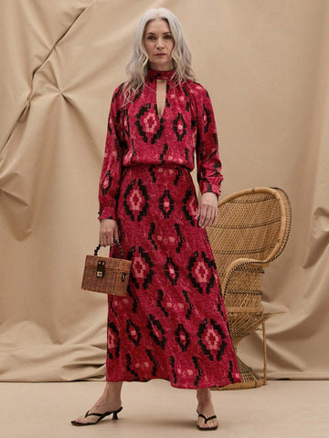 EMERY ROSE Women's Summer Vacation Style Casual Red And Black Geometric Printed Stand Collar Hollow Out Long Sleeve Shirt EMERY ROSE Women's Summer Vacation Style Casual Red And Black Geometric Printed Stand Collar Hollow Out Long Sleeve Shirt