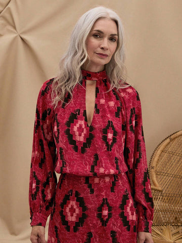 EMERY ROSE Women's Summer Vacation Style Casual Red And Black Geometric Printed Stand Collar Hollow Out Long Sleeve Shirt EMERY ROSE Women's Summer Vacation Style Casual Red And Black Geometric Printed Stand Collar Hollow Out Long Sleeve Shirt