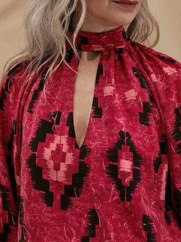 EMERY ROSE Women's Summer Vacation Style Casual Red And Black Geometric Printed Stand Collar Hollow Out Long Sleeve Shirt EMERY ROSE Women's Summer Vacation Style Casual Red And Black Geometric Printed Stand Collar Hollow Out Long Sleeve Shirt