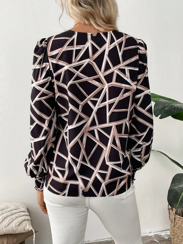 EMERY ROSE Women's V-Neck Long Sleeve All Over Allover Print Minimalist Shirt, Casual For Daily Wear EMERY ROSE Women's V-Neck Long Sleeve All Over Allover Print Minimalist Shirt, Casual For Daily Wear