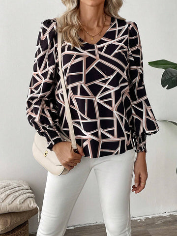 EMERY ROSE Women's V-Neck Long Sleeve All Over Allover Print Minimalist Shirt, Casual For Daily Wear EMERY ROSE Women's V-Neck Long Sleeve All Over Allover Print Minimalist Shirt, Casual For Daily Wear