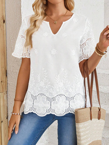 EMERY ROSE Women's Vacation Casual Solid Color Flower Embroidery Notch Neck Shirt EMERY ROSE Women's Vacation Casual Solid Color Flower Embroidery Notch Neck Shirt