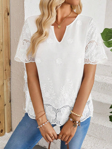 EMERY ROSE Women's Vacation Casual Solid Color Flower Embroidery Notch Neck Shirt EMERY ROSE Women's Vacation Casual Solid Color Flower Embroidery Notch Neck Shirt