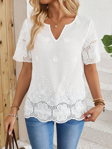 EMERY ROSE Women's Vacation Casual Solid Color Flower Embroidery Notch Neck Shirt EMERY ROSE Women's Vacation Casual Solid Color Flower Embroidery Notch Neck Shirt