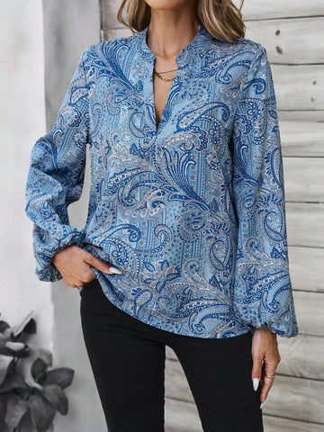 EMERY ROSE Women's Vacation Plant Print Plunging V-Neck Lantern Sleeve Loose Blouse EMERY ROSE Women's Vacation Plant Print Plunging V-Neck Lantern Sleeve Loose Blouse