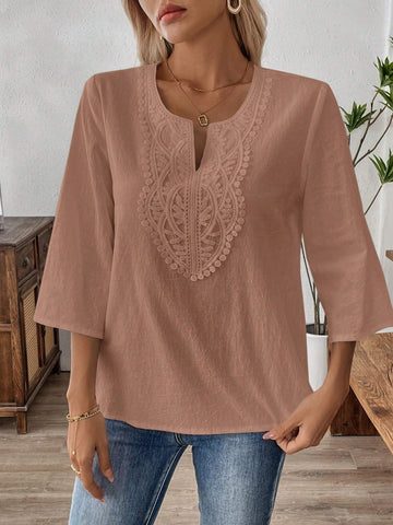 EMERY ROSE Women's Vacation Style Solid Color Notched Collar Contrast Lace 3/4 Sleeve Blouse EMERY ROSE Women's Vacation Style Solid Color Notched Collar Contrast Lace 3/4 Sleeve Blouse