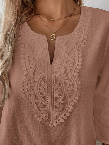 EMERY ROSE Women's Vacation Style Solid Color Notched Collar Contrast Lace 3/4 Sleeve Blouse EMERY ROSE Women's Vacation Style Solid Color Notched Collar Contrast Lace 3/4 Sleeve Blouse