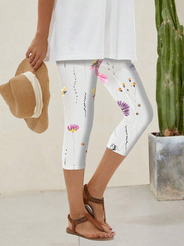 EMERY ROSE Women's White Flower Pattern Cropped Leggings EMERY ROSE Women's White Flower Pattern Cropped Leggings