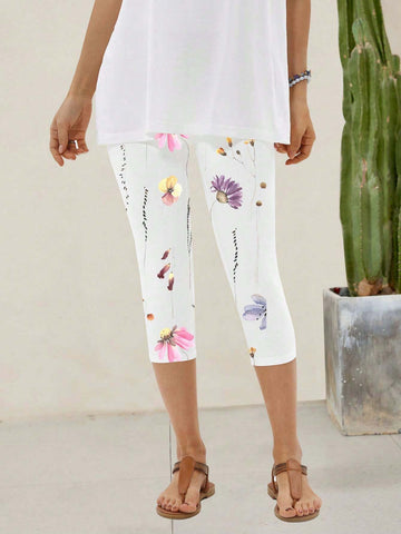 EMERY ROSE Women's White Flower Pattern Cropped Leggings EMERY ROSE Women's White Flower Pattern Cropped Leggings