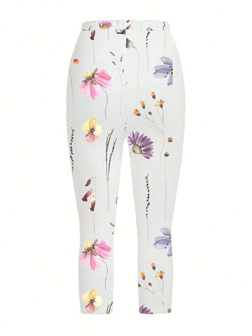EMERY ROSE Women's White Flower Pattern Cropped Leggings EMERY ROSE Women's White Flower Pattern Cropped Leggings
