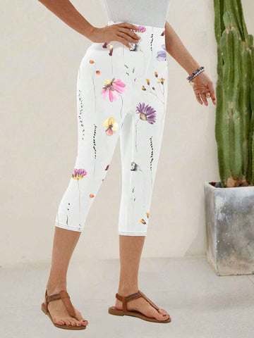EMERY ROSE Women's White Flower Pattern Cropped Leggings EMERY ROSE Women's White Flower Pattern Cropped Leggings