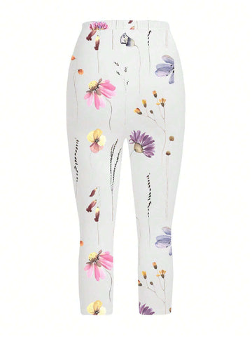 EMERY ROSE Women's White Flower Pattern Cropped Leggings EMERY ROSE Women's White Flower Pattern Cropped Leggings