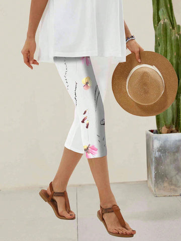 EMERY ROSE Women's White Flower Pattern Cropped Leggings EMERY ROSE Women's White Flower Pattern Cropped Leggings