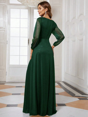 EVER-PRETTY Elegant Mesh Patchwork Long Sleeve Evening Dress With Slit And Pleated Detail EVER-PRETTY Elegant Mesh Patchwork Long Sleeve Evening Dress With Slit And Pleated Detail