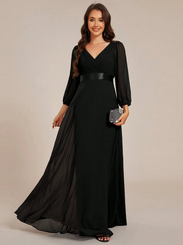 EVER-PRETTY V-Neck Handmade Pleated Lantern Sleeve Chiffon Bridesmaid Dress, Long Sleeve Dress EVER-PRETTY V-Neck Handmade Pleated Lantern Sleeve Chiffon Bridesmaid Dress, Long Sleeve Dress