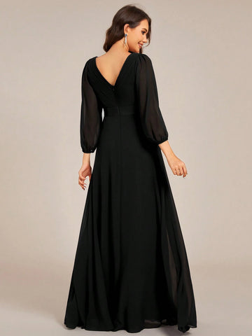 EVER-PRETTY V-Neck Handmade Pleated Lantern Sleeve Chiffon Bridesmaid Dress, Long Sleeve Dress EVER-PRETTY V-Neck Handmade Pleated Lantern Sleeve Chiffon Bridesmaid Dress, Long Sleeve Dress