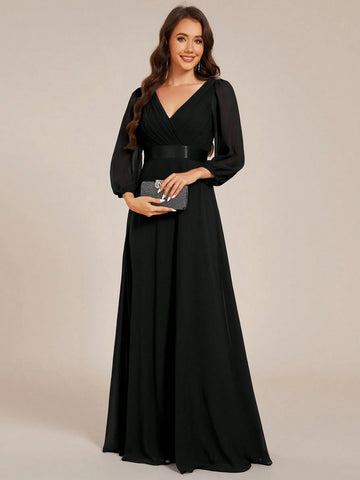 EVER-PRETTY V-Neck Handmade Pleated Lantern Sleeve Chiffon Bridesmaid Dress, Long Sleeve Dress EVER-PRETTY V-Neck Handmade Pleated Lantern Sleeve Chiffon Bridesmaid Dress, Long Sleeve Dress