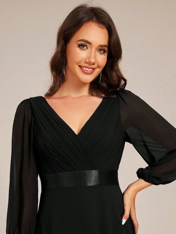 EVER-PRETTY V-Neck Handmade Pleated Lantern Sleeve Chiffon Bridesmaid Dress, Long Sleeve Dress EVER-PRETTY V-Neck Handmade Pleated Lantern Sleeve Chiffon Bridesmaid Dress, Long Sleeve Dress