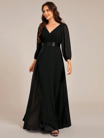 EVER-PRETTY V-Neck Handmade Pleated Lantern Sleeve Chiffon Bridesmaid Dress, Long Sleeve Dress EVER-PRETTY V-Neck Handmade Pleated Lantern Sleeve Chiffon Bridesmaid Dress, Long Sleeve Dress