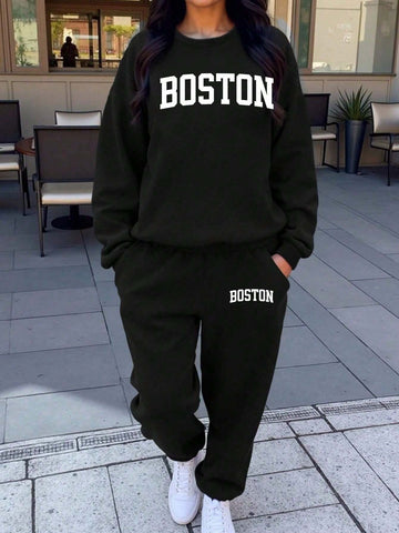 Boston Women's Casual Sports Sweater Set Two-Piece Autumn And Winter Boston Women's Casual Sports Sweater Set Two-Piece Autumn And Winter