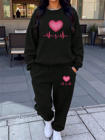 Valentine's Day Heart Print Women's Casual Sweatshirts Set Two-Piece Set Autumn And Winter Valentine's Day Heart Print Women's Casual Sweatshirts Set Two-Piece Set Autumn And Winter