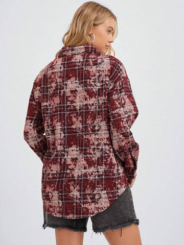 Easelle Red Plaid Pattern Fluffy Textured Fabric Loose Casual Long Sleeve Shirt, Autumn Winter Easelle Red Plaid Pattern Fluffy Textured Fabric Loose Casual Long Sleeve Shirt, Autumn Winter