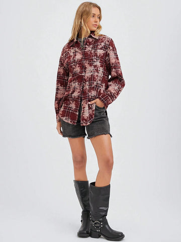 Easelle Red Plaid Pattern Fluffy Textured Fabric Loose Casual Long Sleeve Shirt, Autumn Winter Easelle Red Plaid Pattern Fluffy Textured Fabric Loose Casual Long Sleeve Shirt, Autumn Winter