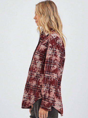 Easelle Red Plaid Pattern Fluffy Textured Fabric Loose Casual Long Sleeve Shirt, Autumn Winter Easelle Red Plaid Pattern Fluffy Textured Fabric Loose Casual Long Sleeve Shirt, Autumn Winter