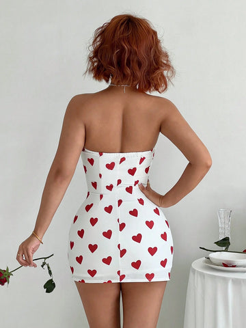 EgrlEra Women Heart Pattern White Waist Cinched Open Shoulder Bodycon Dress, For Everyday Wear EgrlEra Women Heart Pattern White Waist Cinched Open Shoulder Bodycon Dress, For Everyday Wear