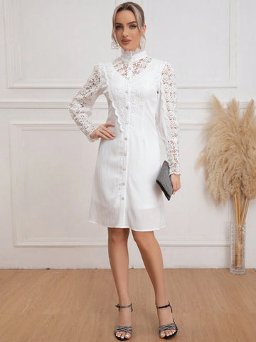 Eilly Bazar Women's Spring/Summer Lace Collar Long Sleeve Button Front A-Line Dress Eilly Bazar Women's Spring/Summer Lace Collar Long Sleeve Button Front A-Line Dress