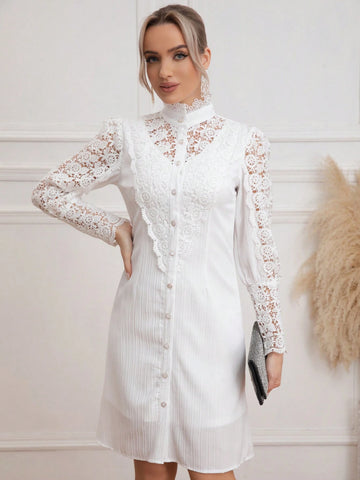 Eilly Bazar Women's Spring/Summer Lace Collar Long Sleeve Button Front A-Line Dress Eilly Bazar Women's Spring/Summer Lace Collar Long Sleeve Button Front A-Line Dress