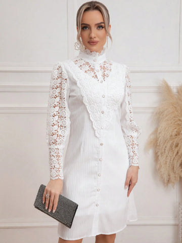 Eilly Bazar Women's Spring/Summer Lace Collar Long Sleeve Button Front A-Line Dress Eilly Bazar Women's Spring/Summer Lace Collar Long Sleeve Button Front A-Line Dress