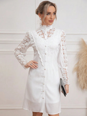 Eilly Bazar Women's Spring/Summer Lace Collar Long Sleeve Button Front A-Line Dress Eilly Bazar Women's Spring/Summer Lace Collar Long Sleeve Button Front A-Line Dress