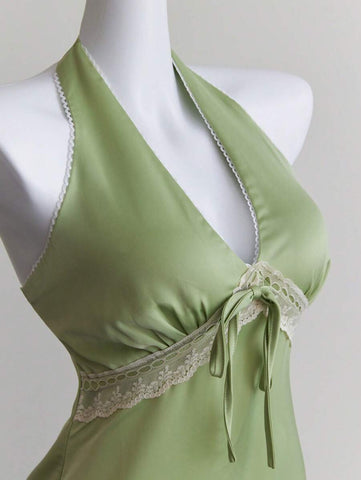 Elamini Green Lace Trim Backless Mini Halter Dress, Sexy Elamini Green Lace Trim Backless Mini Halter Dress, Sexy