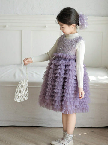 Elegance Plaid Tweed Sleeveless Vest Dress Three-Dimensional Multi-Layer Cake Gauze Dress Girl Birthday Autumn Winter Elegance Plaid Tweed Sleeveless Vest Dress Three-Dimensional Multi-Layer Cake Gauze Dress Girl Birthday Autumn Winter