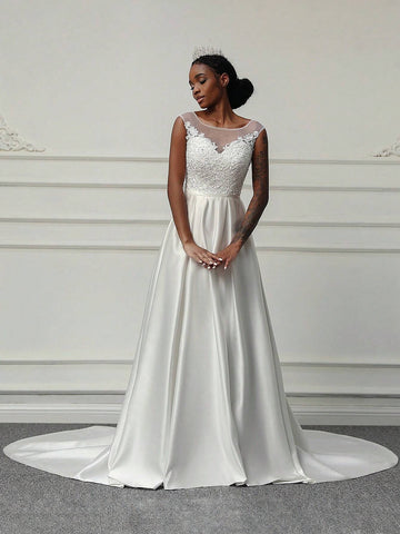 Elegant Appliqued Beaded Satin Wedding Dress Elegant Appliqued Beaded Satin Wedding Dress