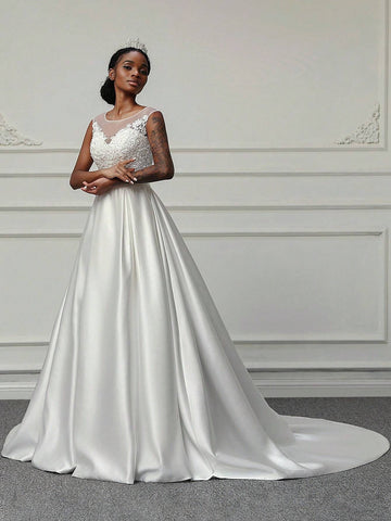 Elegant Appliqued Beaded Satin Wedding Dress Elegant Appliqued Beaded Satin Wedding Dress