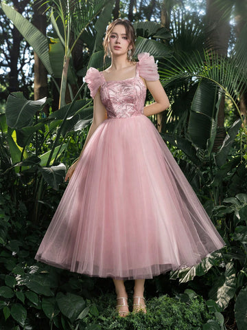 Elegant Beaded Sequined Bodice Puffy Sleeves Tulle Prom Homecoming Dress Perfect For Back To School, Gathering, Dance & Cocktail Events, Semi Formal Dress, For Birthday, Wedding Guest, Graduation Elegant Beaded Sequined Bodice Puffy Sleeves Tulle Prom Homecoming Dress Perfect For Back To School, Gathering, Dance & Cocktail Events, Semi Formal Dress, For Birthday, Wedding Guest, Graduation