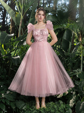 Elegant Beaded Sequined Bodice Puffy Sleeves Tulle Prom Homecoming Dress Perfect For Back To School, Gathering, Dance & Cocktail Events, Semi Formal Dress, For Birthday, Wedding Guest, Graduation Elegant Beaded Sequined Bodice Puffy Sleeves Tulle Prom Homecoming Dress Perfect For Back To School, Gathering, Dance & Cocktail Events, Semi Formal Dress, For Birthday, Wedding Guest, Graduation