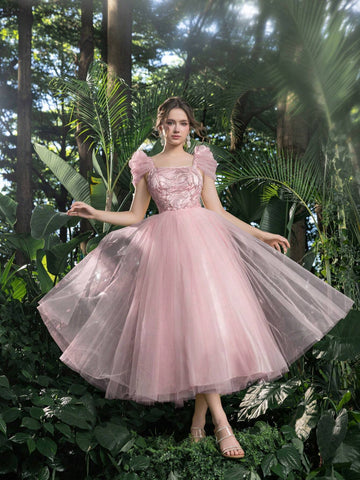 Elegant Beaded Sequined Bodice Puffy Sleeves Tulle Prom Homecoming Dress Perfect For Back To School, Gathering, Dance & Cocktail Events, Semi Formal Dress, For Birthday, Wedding Guest, Graduation Elegant Beaded Sequined Bodice Puffy Sleeves Tulle Prom Homecoming Dress Perfect For Back To School, Gathering, Dance & Cocktail Events, Semi Formal Dress, For Birthday, Wedding Guest, Graduation