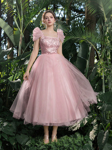 Elegant Beaded Sequined Bodice Puffy Sleeves Tulle Prom Homecoming Dress Perfect For Back To School, Gathering, Dance & Cocktail Events, Semi Formal Dress, For Birthday, Wedding Guest, Graduation Elegant Beaded Sequined Bodice Puffy Sleeves Tulle Prom Homecoming Dress Perfect For Back To School, Gathering, Dance & Cocktail Events, Semi Formal Dress, For Birthday, Wedding Guest, Graduation