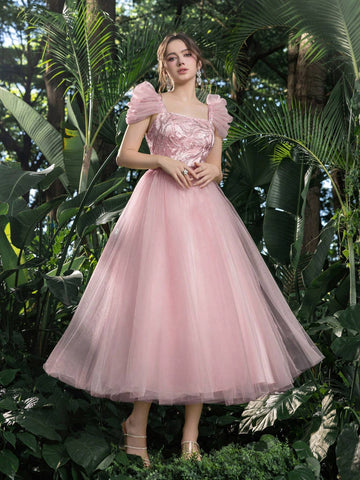 Elegant Beaded Sequined Bodice Puffy Sleeves Tulle Prom Homecoming Dress Perfect For Back To School, Gathering, Dance & Cocktail Events, Semi Formal Dress, For Birthday, Wedding Guest, Graduation Elegant Beaded Sequined Bodice Puffy Sleeves Tulle Prom Homecoming Dress Perfect For Back To School, Gathering, Dance & Cocktail Events, Semi Formal Dress, For Birthday, Wedding Guest, Graduation