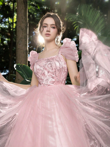 Elegant Beaded Sequined Bodice Puffy Sleeves Tulle Prom Homecoming Dress Perfect For Back To School, Gathering, Dance & Cocktail Events, Semi Formal Dress, For Birthday, Wedding Guest, Graduation Elegant Beaded Sequined Bodice Puffy Sleeves Tulle Prom Homecoming Dress Perfect For Back To School, Gathering, Dance & Cocktail Events, Semi Formal Dress, For Birthday, Wedding Guest, Graduation