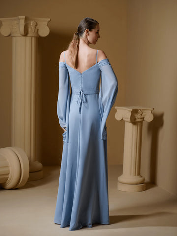 Elegant Blue Ribbon Wedding Bridesmaid Dress Off-Shoulder Gown Elegant Blue Ribbon Wedding Bridesmaid Dress Off-Shoulder Gown