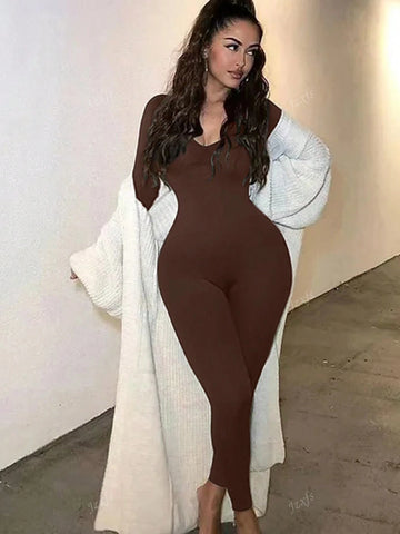 Elegant Casual Solid Black Long Sleeve Jumpsuit, V-Neck Elegant Casual Solid Black Long Sleeve Jumpsuit, V-Neck